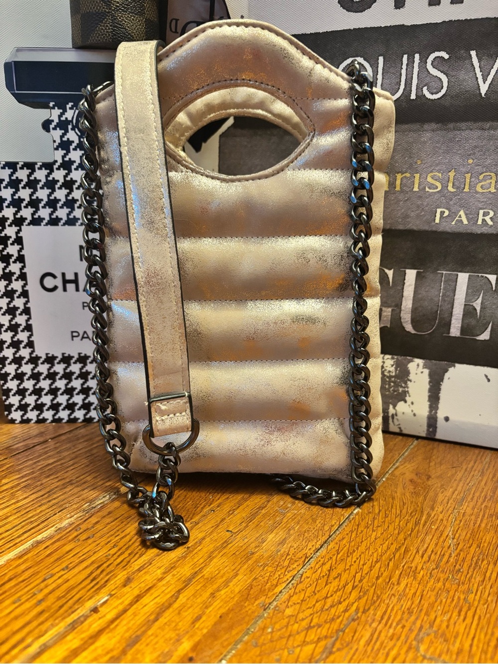 THINK ROYLN Metallic Gold Quilted Mini Crossbody Chain Bag